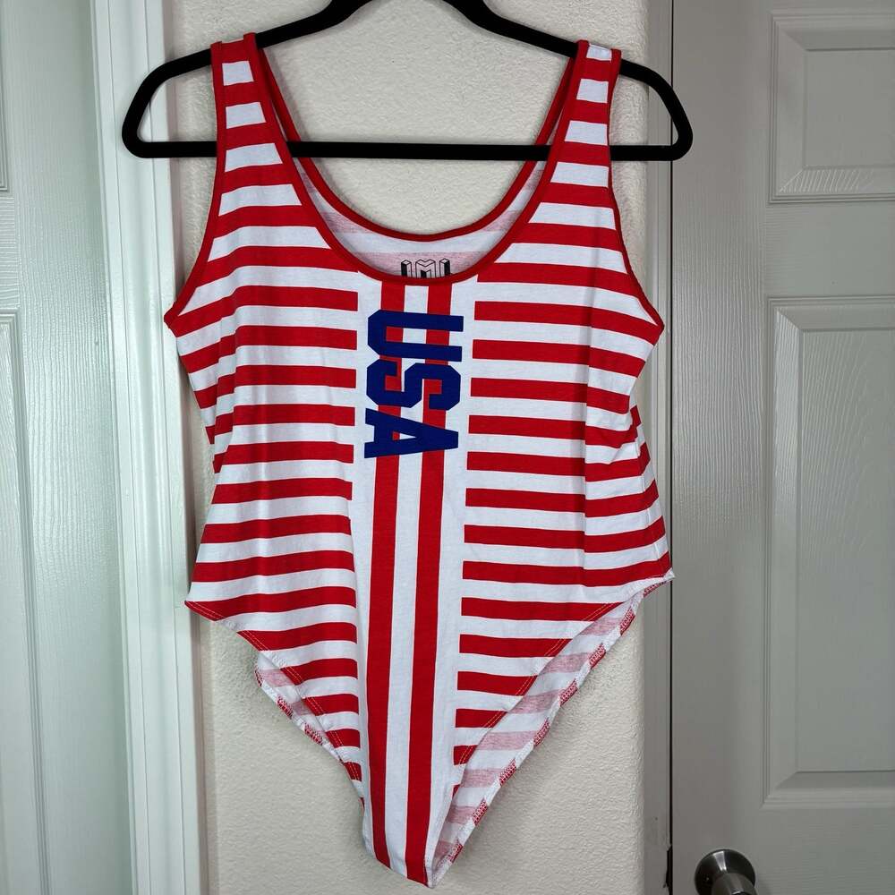 IML Isaac Morris women's USA red white blue striped bodysuit Sixe XL
